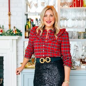 Sail to Sable Cotton Red Tartan Ruffle Neck Top NEW! (Sz S)